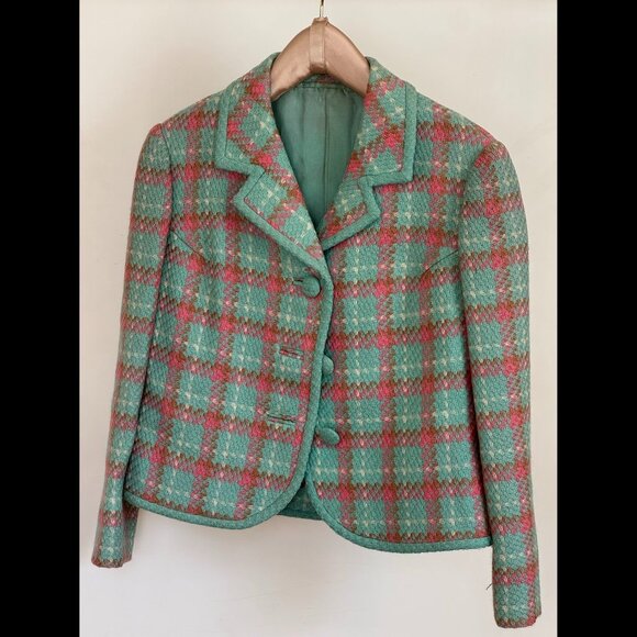 Vintage Chanel Style Custom-Made Handcrafted Wool Jacket, Pink and Blue Plaid - Picture 1 of 5